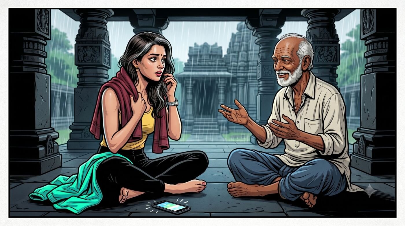 Bhoomi meeting a local elder, Anant Kaka, near Tambdi Surla
